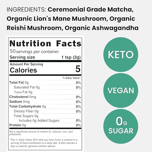 Organic Mushroom Matcha Powder - Ceremonial Grade Green Tea with Lion's Mane, Reishi & Ashwagandha Mushrooms, Superfood Latte Mix for Focus & Immune Support, by Moontower Matcha (50 Servings) - Image 6
