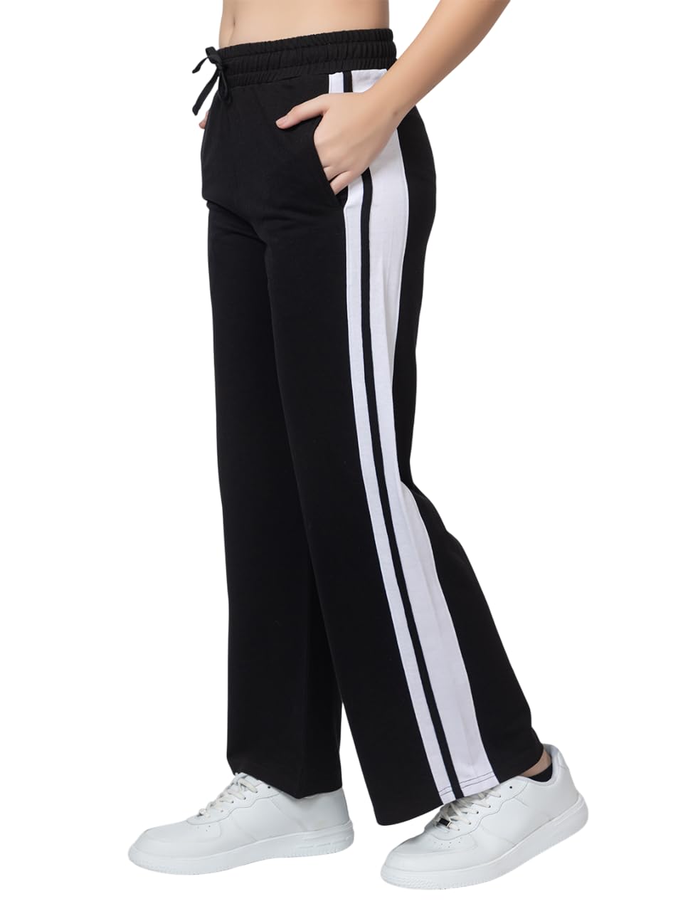 femea Wide Leg Track Pants, Red with White Side Stripes, Drawstring Waist-picture-12