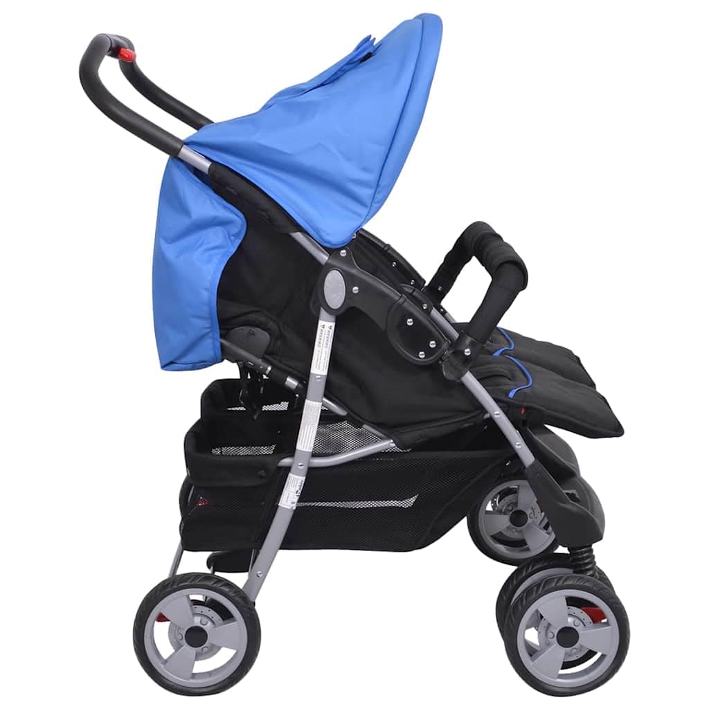 Carrito doble de acero azul y negro plegable con función reclinable y toldo, compacto y ligero para bebés y niños pequeños, ideal para la ciudad, viajes y terrenos