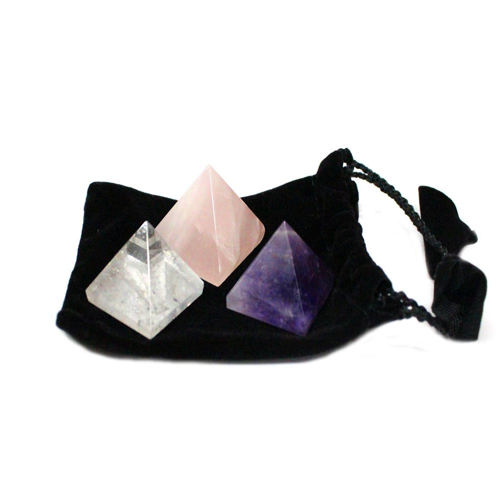 3 Chakra Pyramids - Black Velvet Bag - Rose Quartz, Quartz, Amethyst Rock Paradise COA