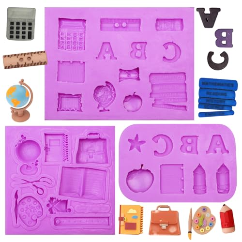 Infovox Materiais escolares moldes de silicone, letras livro fondant moldes, lápis de maçã, calculadora régua molde de chocolate, para decoração de bolos, topo de cupcake, pasta de chiclete de doce