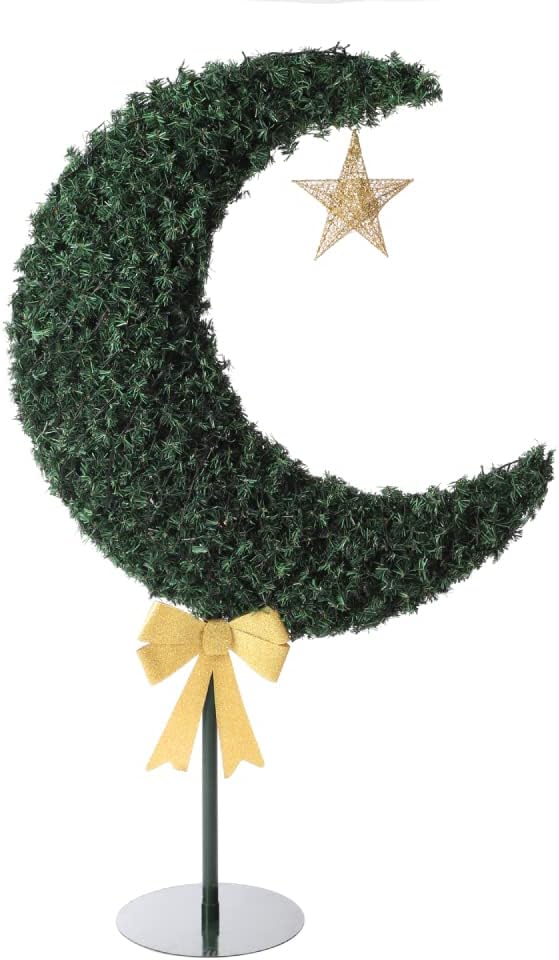 Green Crescent Moon Tree 4 Ft with Ornaments for Ramadan and Eid Home Party Decorations (Green)