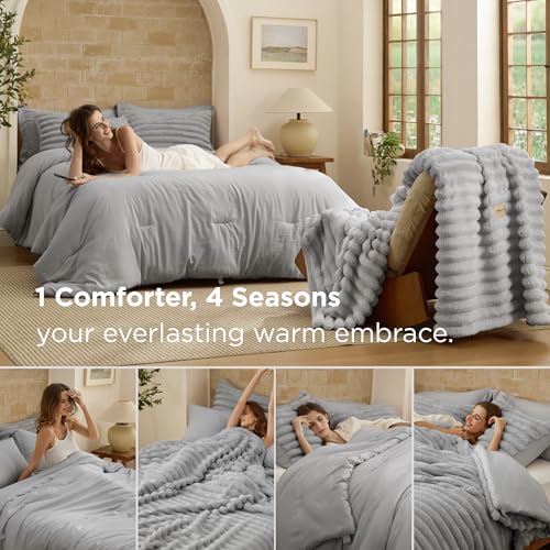 Image of Bedsure Gentlesoft 2-in-1 Queen Comforter Set and Detachable Fluffy Blanket, Grey Bedding Set for All Season Use, Detachable Design for Space Saving (Includes 2 Pillow Shams, 2 Pillowcases)