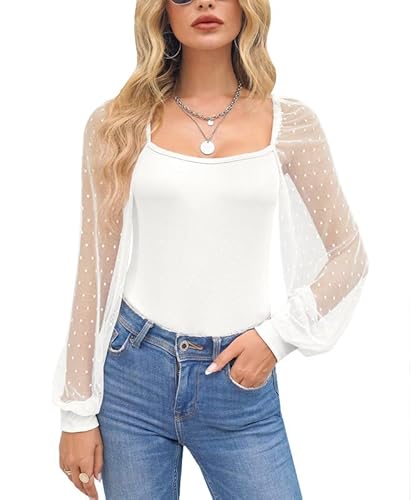 Mainfini Chemisier semi-transparent à manches longues en maille et col carré pour femme S à XXL, blanc, S Cover