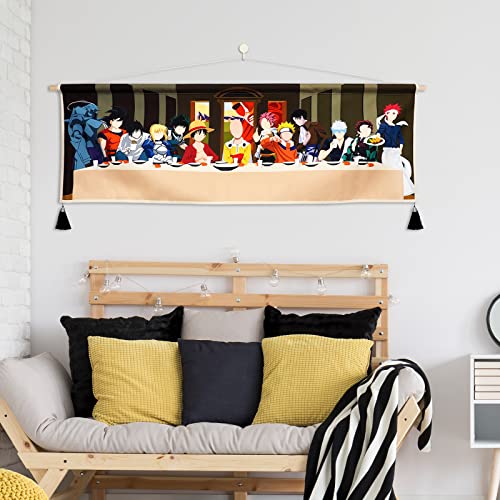 Hanging Poster Canvas Wall Art Painting Of Anime Characters Cartoon Role Tapestry Last Supper Layout Scene Wall Tapestry With 2 Tassels And Wooden Hanging Rod Movie Manga For Room Decor #TOP4
