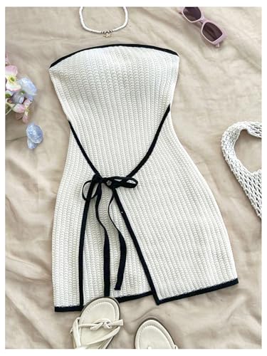 MakeMeChic Women's Knitted Strapless Dress Wrap Tie Front Sleeveless Bodycon Mini Tube Dresses4