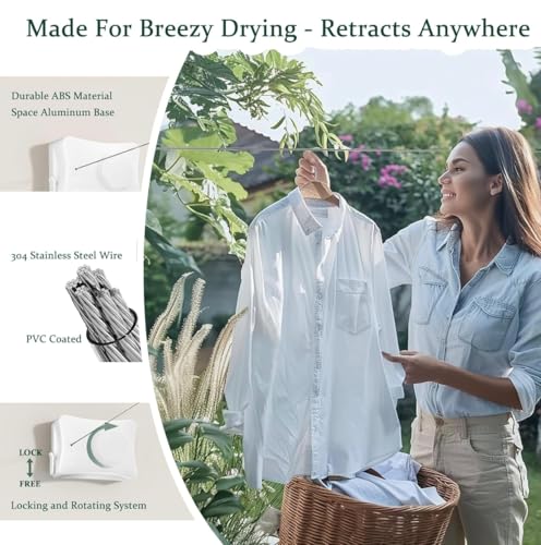 Image of Retractable Clothesline 5 Metre - Wall Mounted Indoor & Outdoor Drying Line (Single /Double Line), ABS Housing & 304 Stainless Steel Wire for Bathroom, Balcony, Laundry Room (Single Line)