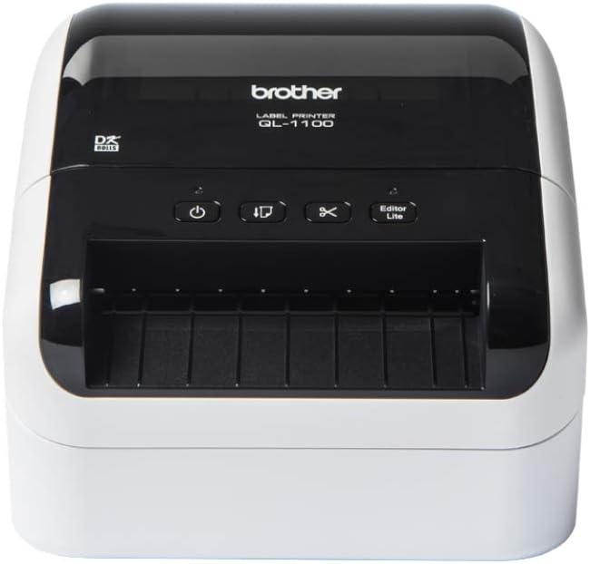 Brother QL-1100 Label Maker, USB 2.0, Shipping & Barcode Label Printer, Desktop, Up to 4 inch Wide Labels, Includes 41 x Large Shipping Labels & 62mm Continuous Tape Roll, UK Plug