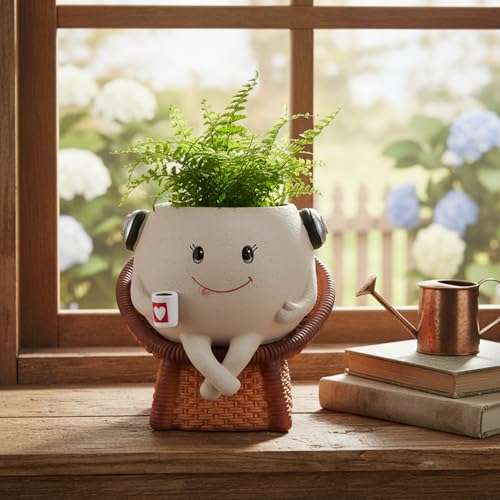 Pot de fleurs petit visage souriant avec chaise décorative