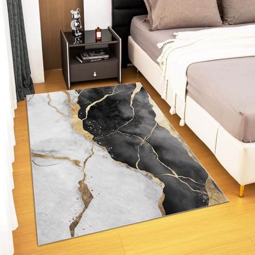 Tapis salon moderne marbre doré 180x240 antidérapant et lavable en machine