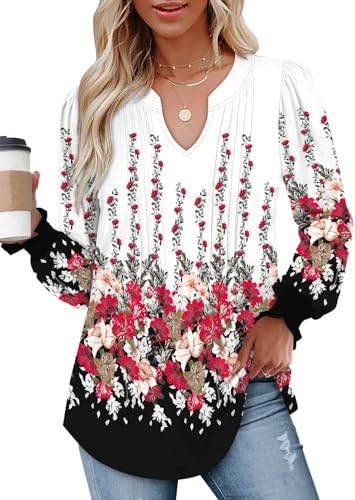 BETTE BOUTIK Long Sleeve Shirts for Women Fall Tops Dressy Blouses Pleated V Neck Tunic Tops for Leggings S-3XL