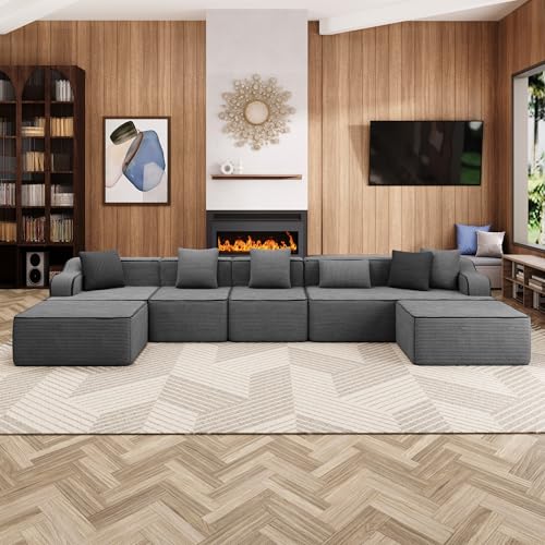 ALPHA HOME Ecksofa mit Schlaffunktion, U-Form 7 Sitzer Boneless Couch, Modulares Sofa mit 6 Zierkissen für das Wohnzimmer, Montagefrei, Cord, Grau