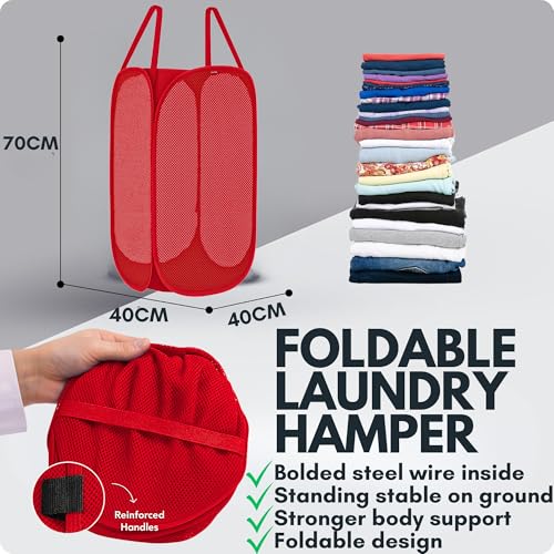 Image of F8WARES 2PK 75 Litres Nylon Mesh Foldable Laundry Basket for Clothes - Odourless Breathable Laundry Bag for Clothes with Carry Handles - Kids Toy Baskets For Storage & Dirty Cloth Basket Hamper Red