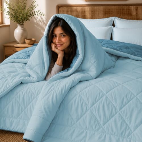 Image of King Size Comforter for Double Bed, 220 GSM Soft Microfiber AC Blanket, All Season Lightweight Reversible Bed Quilt, Premium Bedding, 90 x 100 Inch, Blue-Light Blue