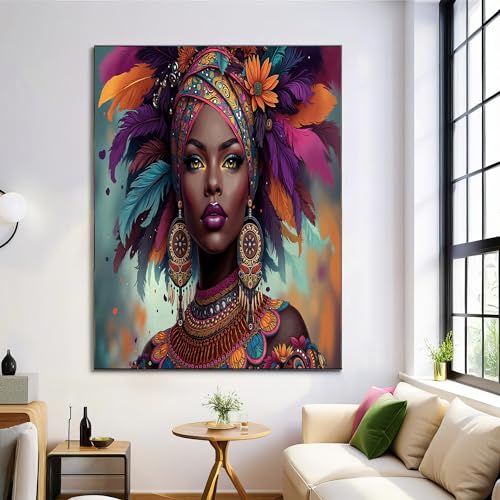 Tableau décoration murale femme noire coiffe colorée salon 70x100