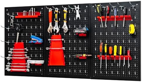 GYMAX Panel Herramientas Pared de Metal, 120 x 60 cm, Soporte Herramientas Pared con 3 Paneles Perforados y 25 Ganchos, Tablero Perforado para Taller, Banco de Trabajo