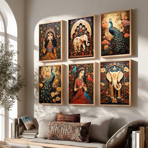Image of kotart Premium Digital Madhubani Art Paintings with Frame for Home Decor - Framed Painting for Living Room Bedroom Office Room Decor - Painting for Wall Decoration - Pack of 6 (D)