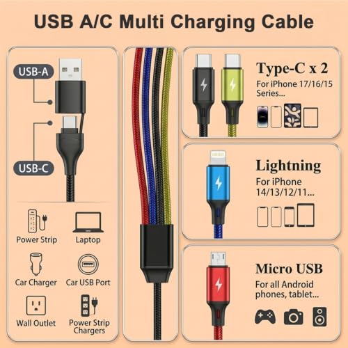 Image of Verilux 6 in 1 Multi Charging Cable, 3.9FT /1.2M C Type Charger Cable for All Devices Braided USB A /C to Lighting /Type C /Micro USB Ports, Universal Charger Cable for iPhone Series /Galaxy /Tablets /PS