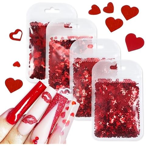 BYNYTO 4 Bags 3D Red Love Heart Nail Glitters Mixed Different Sweet Love Heart Nail Sequins Kit Laser Heart Design Nail Stickers Decals for Romantic Valentine's Day DIY Nail Art Decorations Cover