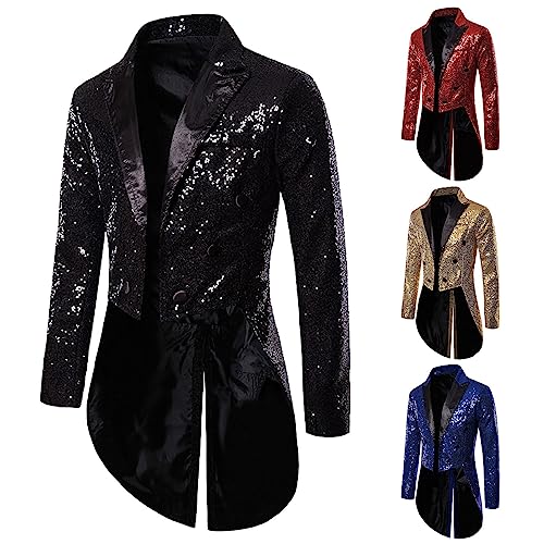 Men's Sequin Tuxedo Tailcoat Dinner Party Long Blazer Wedding Prom Swallowtail Suit Jacket Slim Fit Tux Dress Coat for Men