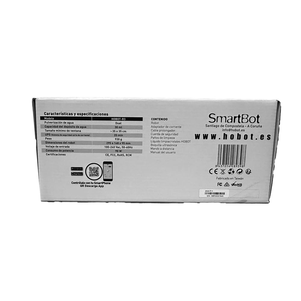 SMARTBOT Robot Limpiacristales - Bajo Consumo de Corriente (80W) - Limpiacristales eléctrico 3 años garantía 12 Trapos de Microfibra - Sistema de Navegación y Anticaída HOBOT-R3 Robot Limpiacristales