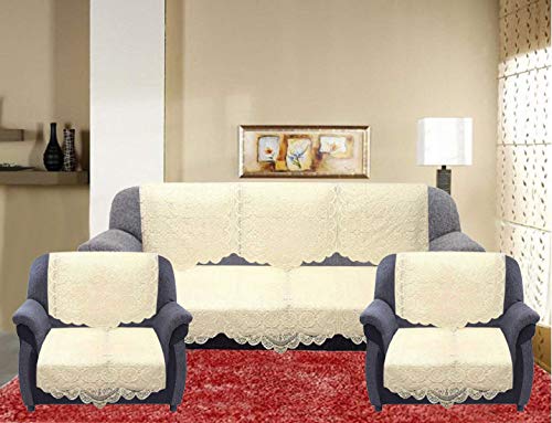 Image of Kuber Industries Premium Sofa Cover|Chikankari Cotton Fabric|6 Pieces Cotton 5 Seater Sofa Cover Set (Cream) PVC 6 Seater Transparent Dining Table Cover (Gold)
