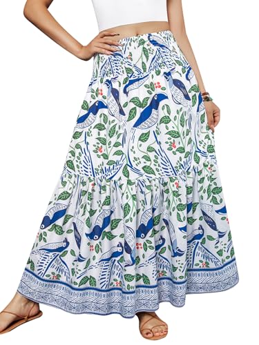 YHYJMY Women Boho Tiered Maxi Skirt Toucan Bird Leaf Print Long Skirt Smocked Elastic High Waist Flowy A Line Long Skirts for Beach Holiday(YY509-white-M) - image 1