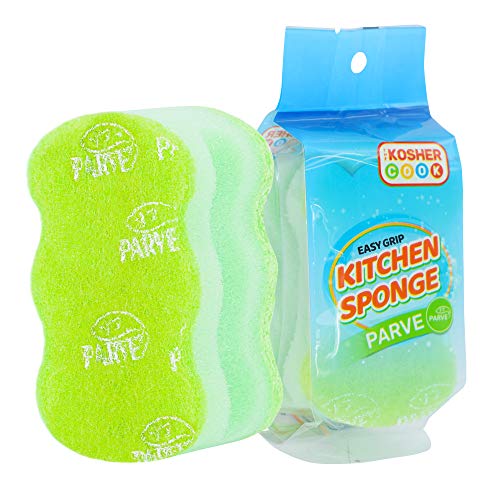 Image of The Kosher Cook Parve Green Dishwashing Sponges, Easy Grip Wavy Absorbent Cleaning Scrub and Scouring Pad, Durable and Soft, Color Coded Home and Kitchen Accessories