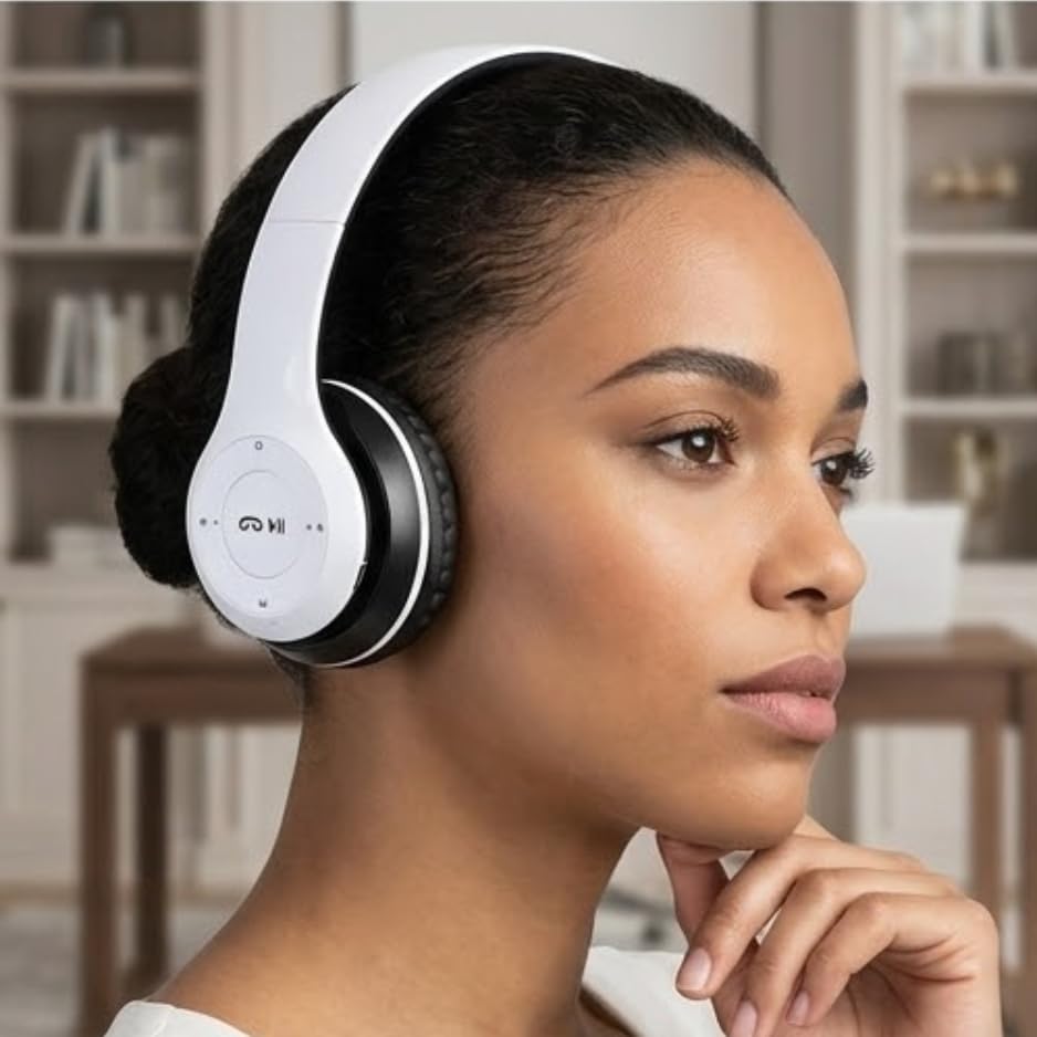Image of P0047 Wireless Bluetooth Headphones with Deep Bass, Foldable Design, Built-in Microphone, Adjustable Headband, Noise Isolation, Stereo Sound for Mobile, Laptop & Tablet (Multicolour). (White)