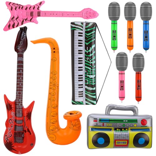 GSrenyu 10 Pcs Photo Booth Props Inflatable Party Props Guitar Recorder Sachs Piano Bass Microphone Inflatable Instruments for 80s 90s Carnival Disco Party