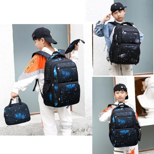 شنطة ظهر للأولاد من مايتورماي، شنطة مدرسية للمرحلة الابتدائية للأطفال 3 في 1، مجموعة شنطة كاجوال نهارية للاستخدام اليومي بتصميم فضاء وسماء مليئة بالنجوم، شنطة متينة مطبوعة مع حافظة طعام لانش بوكس