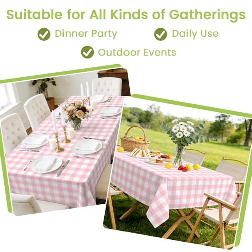 Image of Mulbozy 4 Pcs Pink Gingham Tablecloth 54 x 108 Inches Pink and White Checkered Table Cloth Disposable Plastic Waterproof Tablecover for Outdoor Picnic, Birthday Party, Holiday Dinner