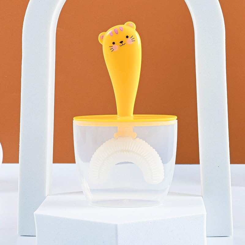 Kids U Shaped Toothbrush with Cup, Cute Cartoon Bear Cat 360-Degree Cleaning IPX7 Waterproof Design (2-8 Age (Blue, Yellow) (Yellow, cat)