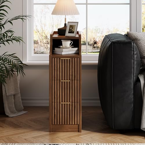 Image of 7.9 inch Narrow Nightstand Set of 2,23.6 inch Tall Fluted Bedside Table Set of 2, Slim Side End Table with 3 Drawers, Wooden Bedside Table, Mid Century Modern Night Stand for Bedroom Livingroom Sofa Office
