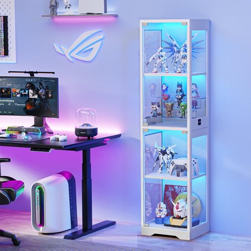 Image of BROTTAR Glass Display Cabinet, 4-Tier Curio Cabinets with 3 Color Lights for Collectibles, Storage Cabinet with Door, Glass Display Case & Bookcase with Human Body Sensor, White