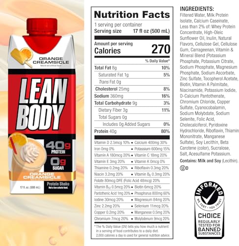 Image of LABRADA Lean Body Ready-to-Drink Orange Creamsicle Protein Shake, 40g Protein, Whey Blend, 0 Sugar, Gluten Free, 22 Vitamins & Minerals, 17 Fl Oz (Pack of 12)