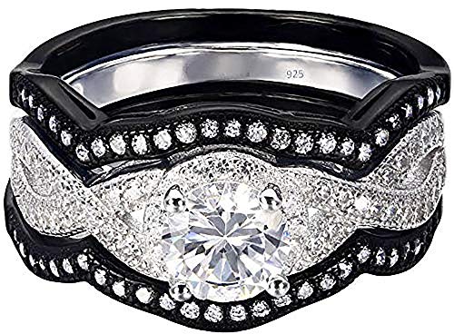 Natural 925 Sterling Silver Wedding Brides Engagement 3 pc set Black White Diamonique AAA CZ Adult LadiesWomens Rings 3.60 ct size 4-11.5