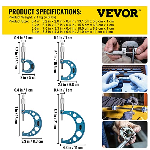 VEVOR Buiten Micrometer Set, 0-4" Metrisch Buiten Micrometer, 0,0001" Buitendiameter Micrometer Set, 4-delige Beugelmeetschroef, Legering Externe Micrometer Set, Lasergeëtste Set met Passende Koffer - Image 8