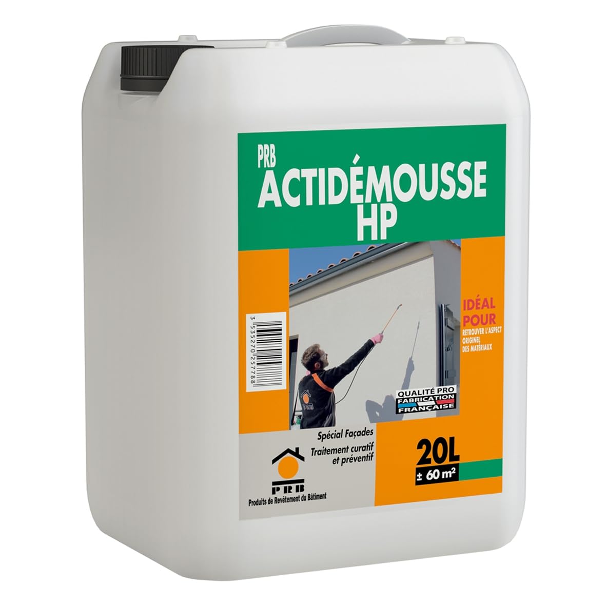Traitement Anti-​Mousse Haute Performance ACTIDEMOUSSE 20L - Curatif et Préventif Incolore - Élimine Mousses, Lichens, Moisissures - Façades, Murs, Toitures Extérieurs