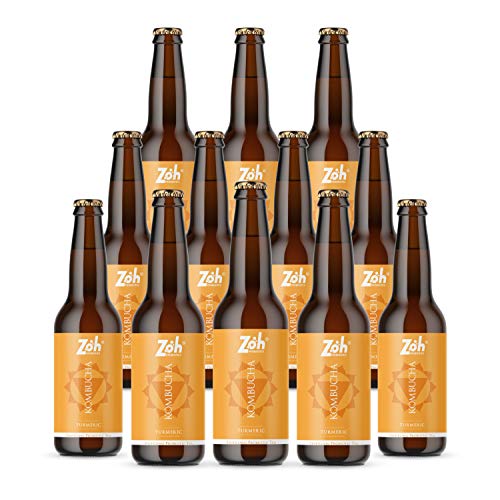 Image of Zoh Probiotics Turmeric Kombucha | Tea with detoxifying acids, and digestive enzymes. Raw, unfiltered, and unpasteurized with Mother. Made with Organic Turmeric, Amla & Tulsi (330 ml, Pack of 12)