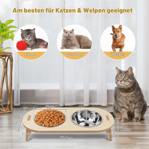 OWill Katzennapf Erhöht, 15° Erhöhte mit Geneigtem Ständer, 2 Katzennapf aus Edelstahl, Futternapf Katze mit Holzständer für Katzen und Welpen