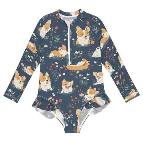 ALAZA Swimsuit for Girls Long Sleeve Rashguard Bathing Suit Corgis Poses Flower Quick Dry 4T
