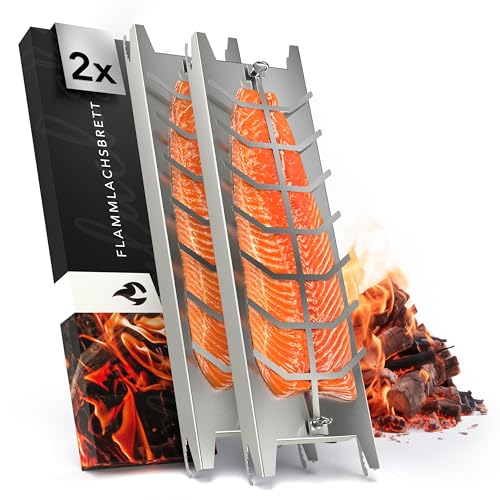 Flammlachsbrett Edelstahl 59 5cm | Extra langer Flammlachshalter passend für Feuerschalen und Grills mit Wandstärke bis 6mm 180 drehbar | Spülmaschinenfest | Inklusive Anleitung & Rezepten (2er Set)