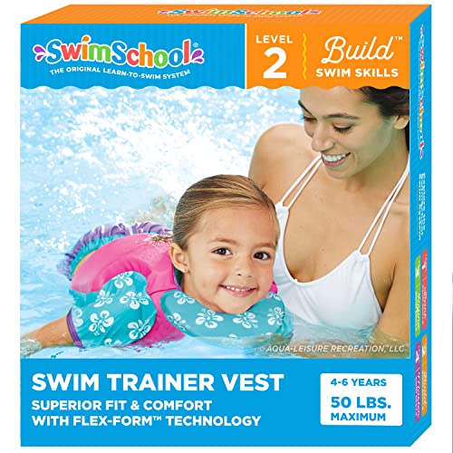 SwimSchool Swim Trainer - Medium/Large - Swim Vest with Shoulder Sleeves, Adjustable Safety Strap, and Removable Chin-Up Collar -Pink/Aqua