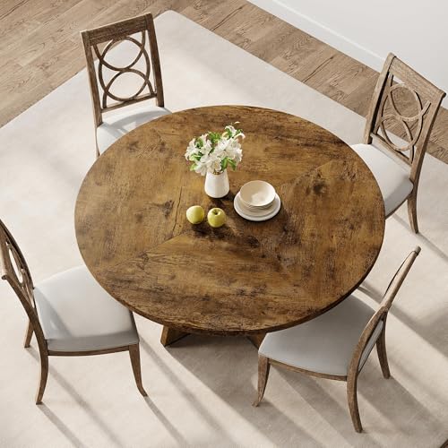 GarveeHome 47-Inch Round Large Dining Table Set for 4 to 6, Farmhouse Dinner Table with Wooden Top and Legs for Home Dining Room or Living Room - Rustic Brown(No Chairs)