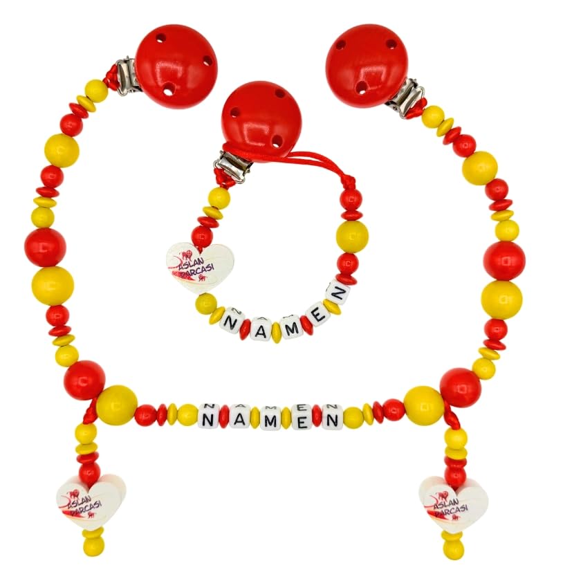 Set Nuckelkette + Kinderwagenkette mit Namen " für GALATASARAY Fan - ASLAN PARCASI " Rot Gelb/Baby/Unisex/Personalisiert/HANDMADE