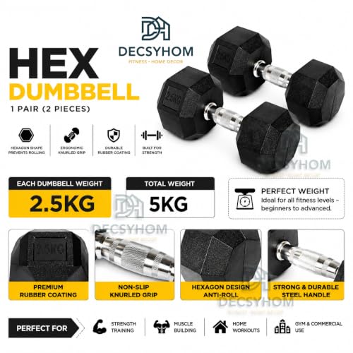 Image of Hex Rubber Dumbbell Set (2 x 2.5KG) | Anti-Roll Hex Dumbbell Gym Set | Chrome Knurled Grip | Home Gym Dumbbell Set | Strength Training, Fitness & Muscle Building (5 Kg)