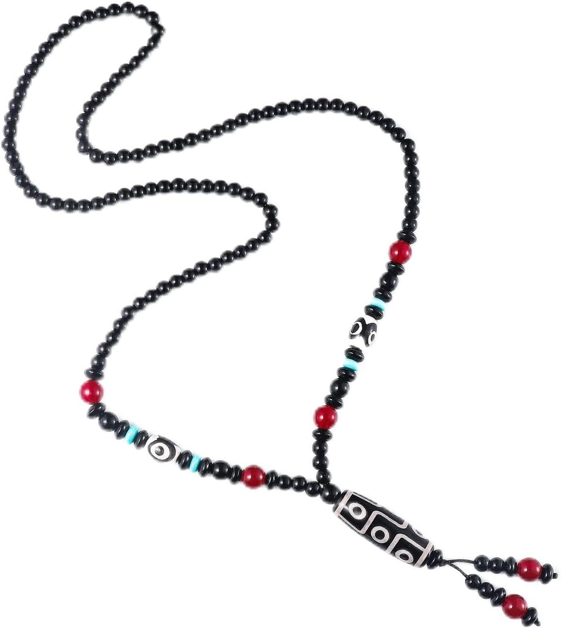 Lucky Nine-eyed Dzi Bead Pendant Necklace for Women Men Boho Handmade Tibetan Buddhism Agate Jade Stone Bead Sweater Chain Necklace Feng Shui Protection Jewelry Good Luck Gift
