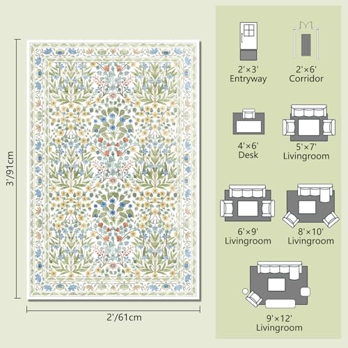 Image of Washable Entry Rug 2x3 Feet, Non-Slip Indoor Entryway Bathroom Kitchen Mat, Vintage Floral Design Rug Perfect for Entryway Decor