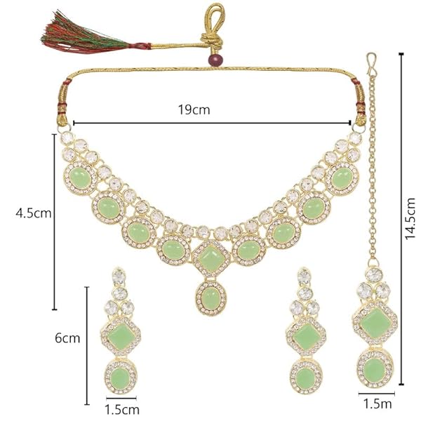 TANAIRA Mint Color Stones Choker Necklace Earrings Maangtika Set For Women & Girls/Gold Color crystal Bridal Jewellery Set for Wedding |Birthday Gift for girls and women Anniversary Gift for Wife - Image 3